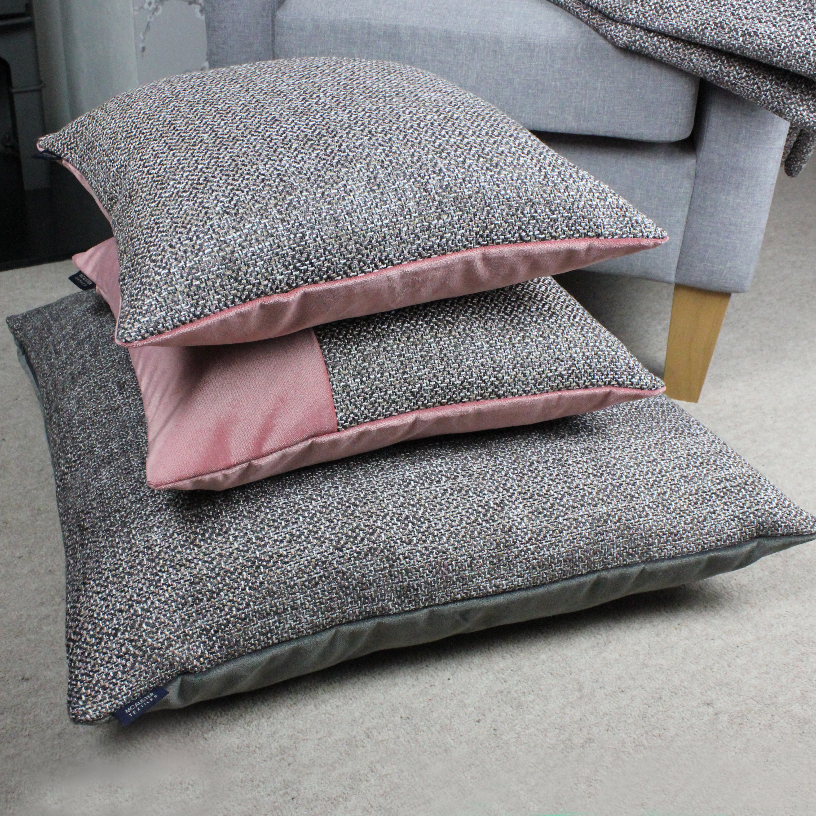 McAlister Textiles Lewis Tweed Cushion Grey Heather and Pink Cushions and Covers 