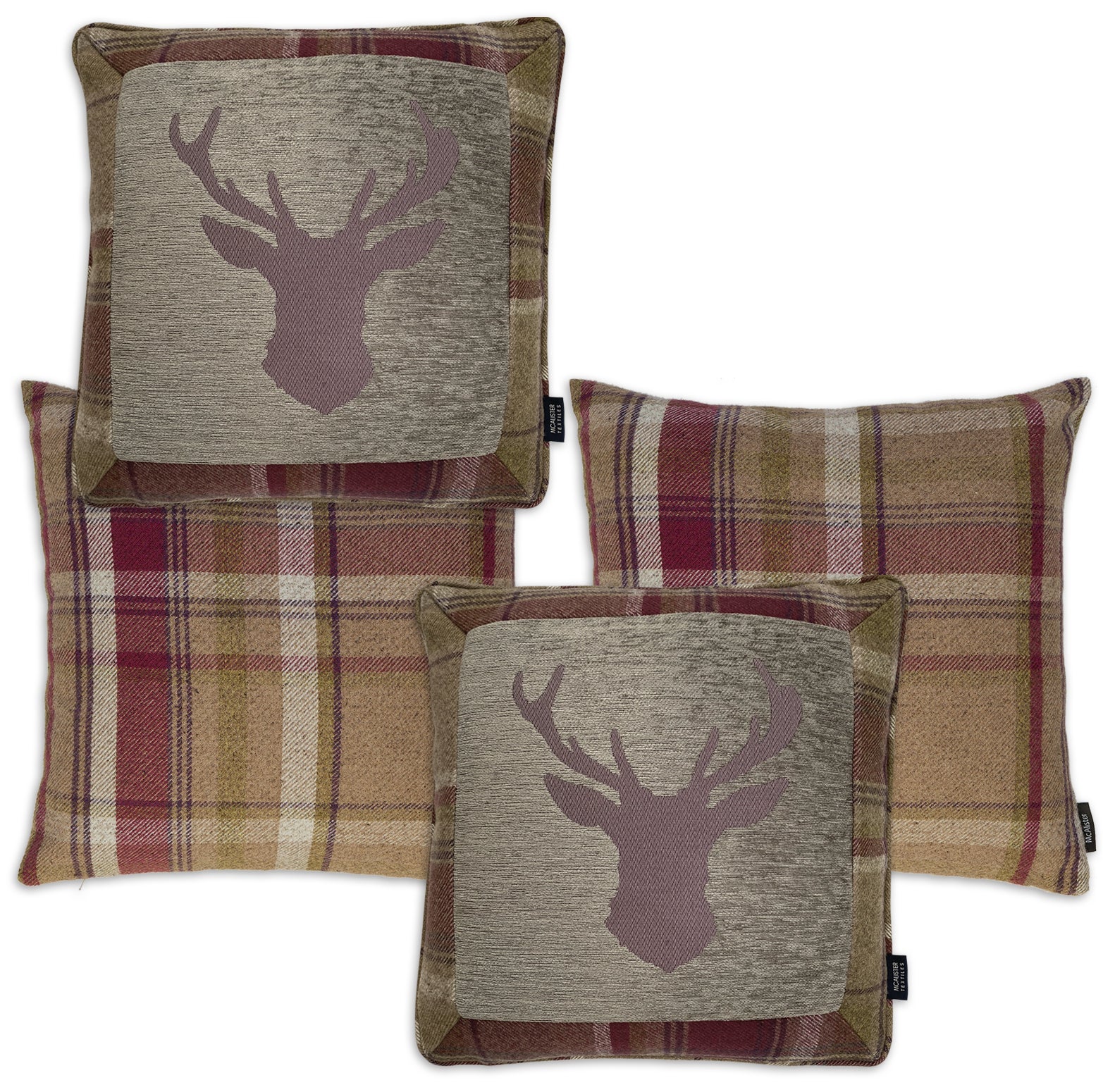 McAlister Textiles Stag Purple + Green Tartan 43cm x 43cm Cushion Set Cushions and Covers Set of 4 cushions 