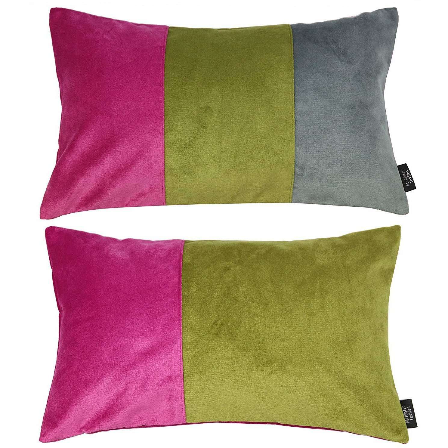 McAlister Textiles Patchwork Velvet Pink, Green + Grey 50cm x 30cm Pillow Sets Pillow Set of 2 Cushion Covers 