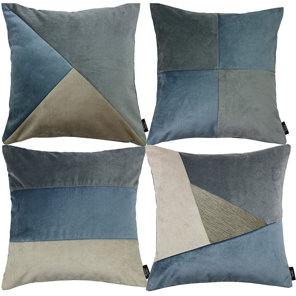 McAlister Textiles Patchwork Velvet Gold, Blue + Grey Cushion Set Cushions and Covers Cushion Covers 