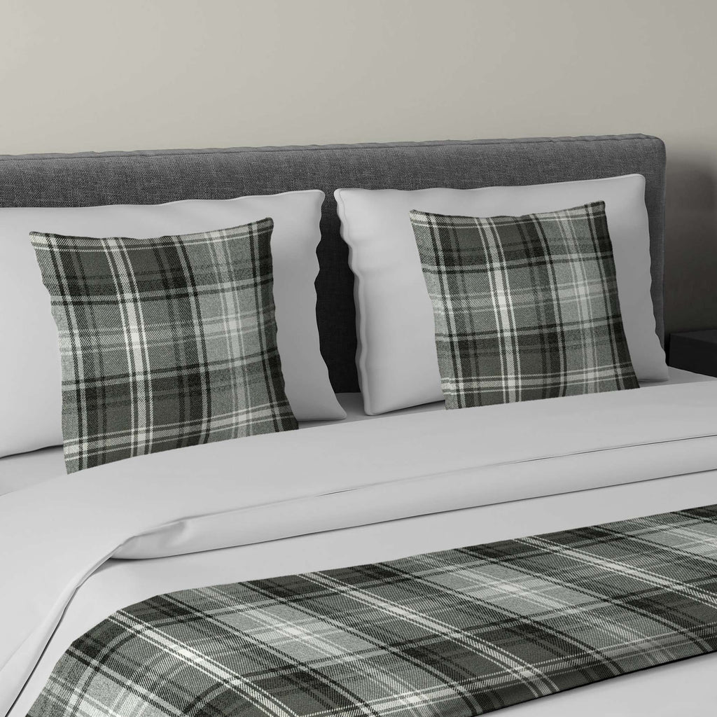 McAlister Textiles Angus Charcoal Grey Tartan Bedding Set Bedding Set Runner (50x165cm) + 1x Cushion Cover 