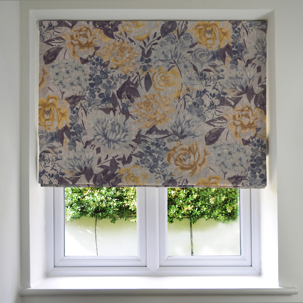 McAlister Textiles Blooma Blue, Grey and Ochre Roman Blind Roman Blinds Standard Lining 130cm x 200cm 