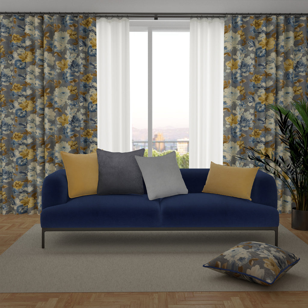 McAlister Textiles Camilla Navy, Grey and Ochre Curtains Tailored Curtains 