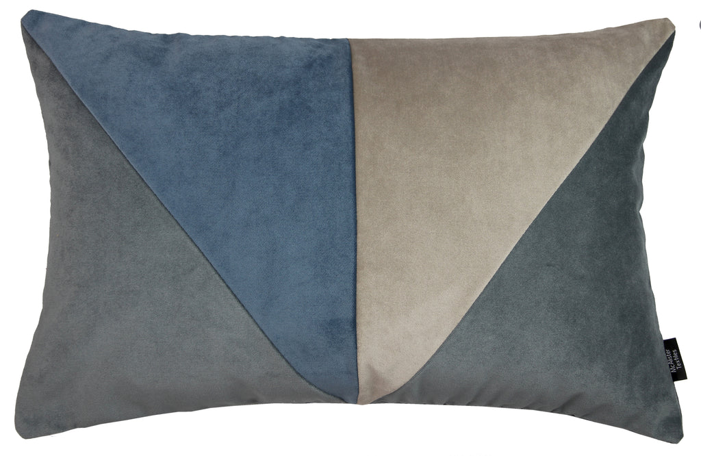 McAlister Textiles 3 Colour Patchwork Grey, Petrol Blue + Beige Pillow Pillow Cover Only 50cm x 30cm 