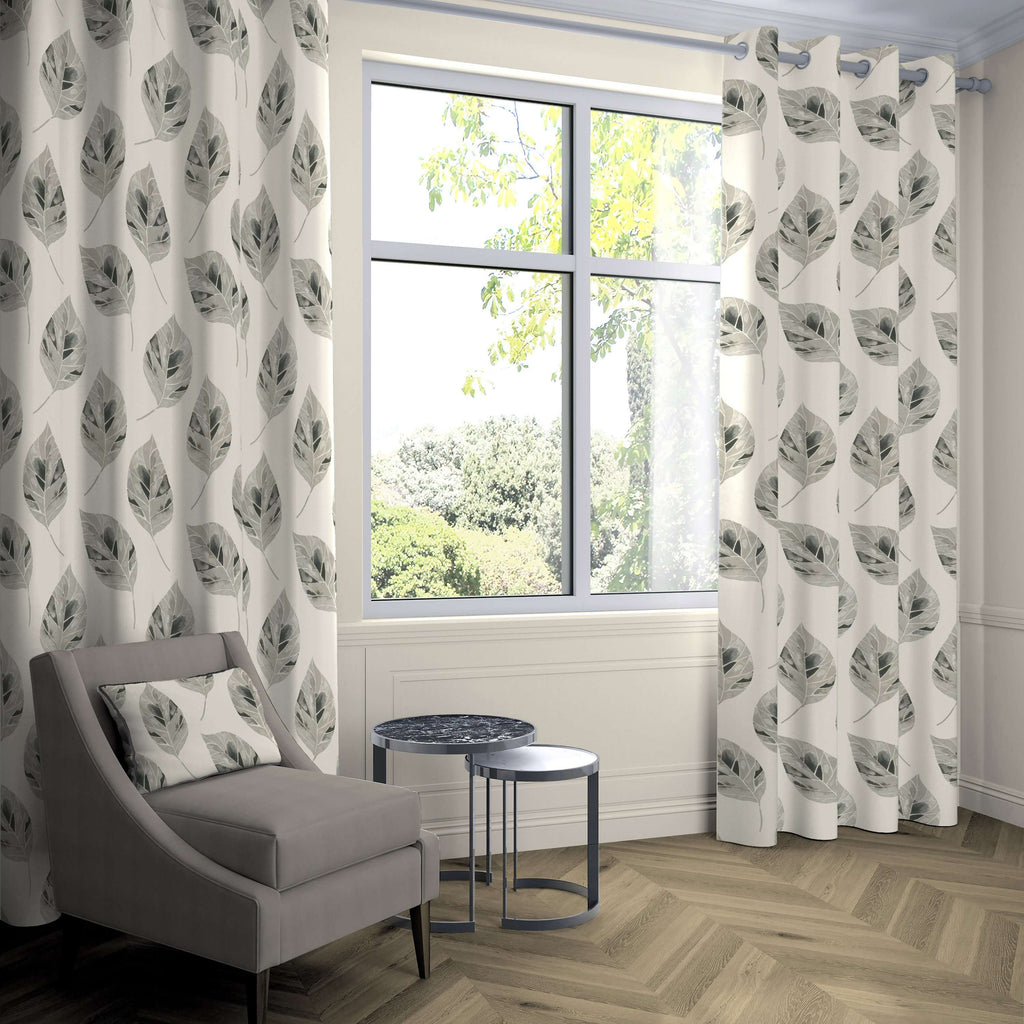 McAlister Textiles Leaf Soft Grey FR Curtains Tailored Curtains 