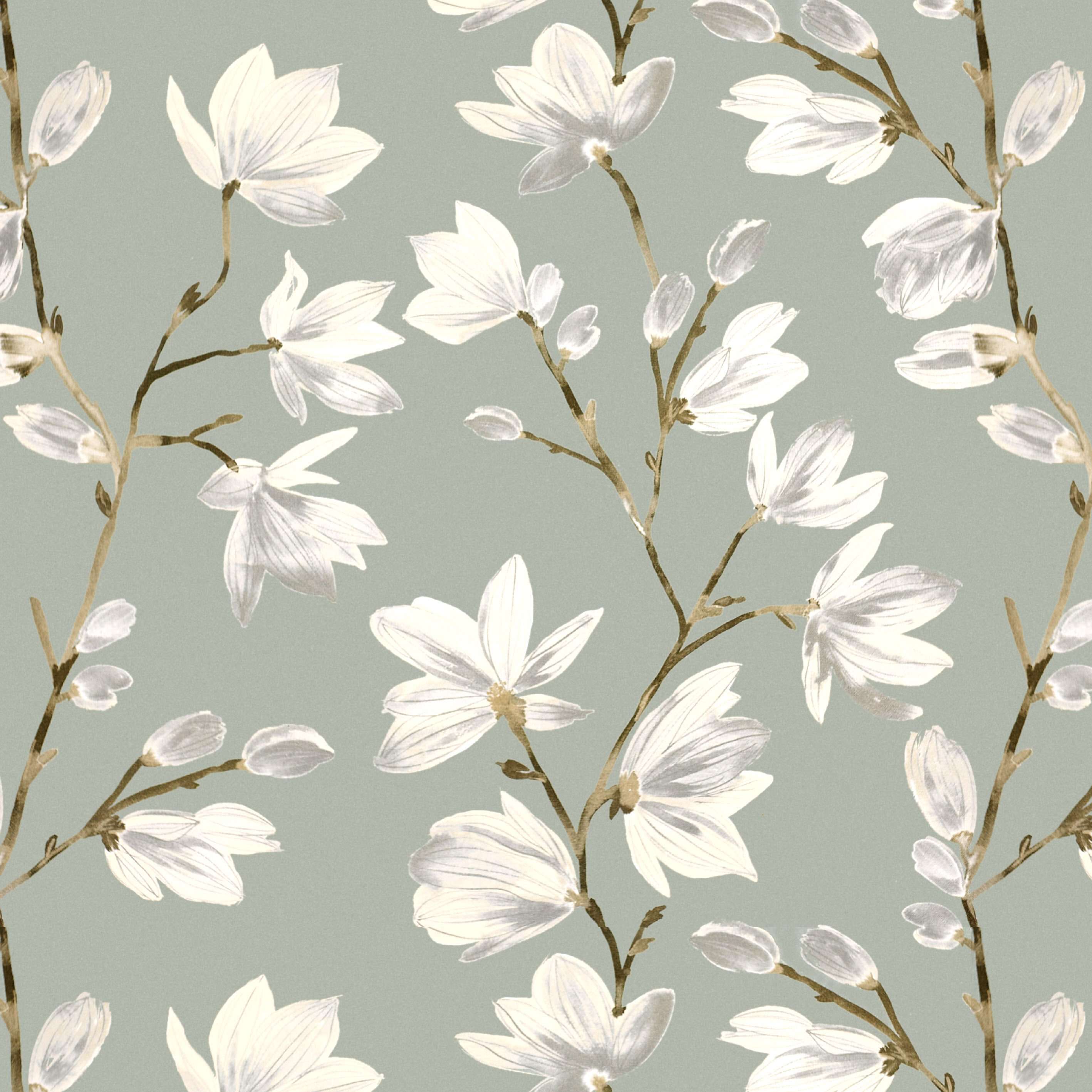 McAlister Textiles Magnolia Duck Egg Floral Cotton Print Fabric Fabrics 1/2 Metre 