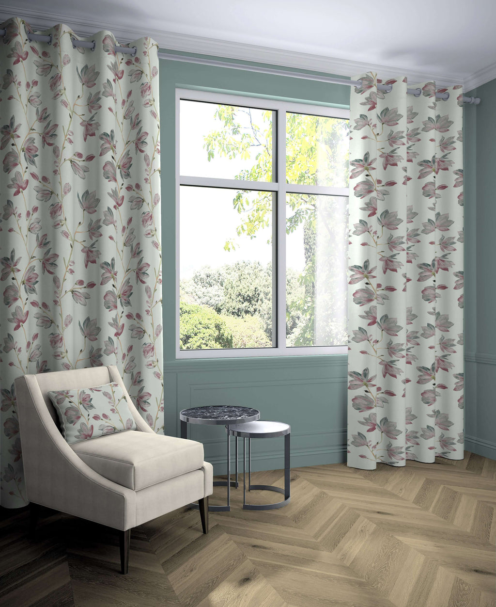 McAlister Textiles Magnolia Rose Floral Cotton Print Curtains Tailored Curtains 
