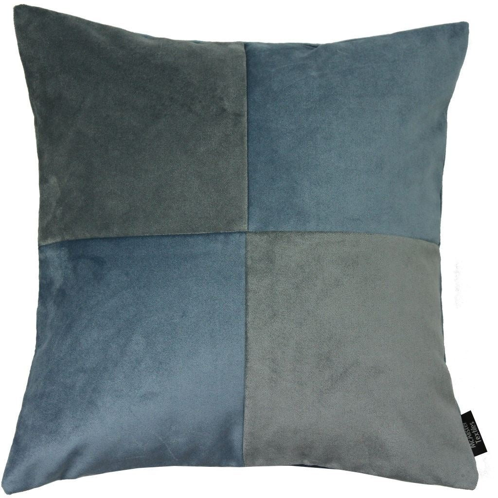 McAlister Textiles Square Patchwork Velvet Blue + Grey Cushion Cushions and Covers Cover Only 43cm x 43cm 