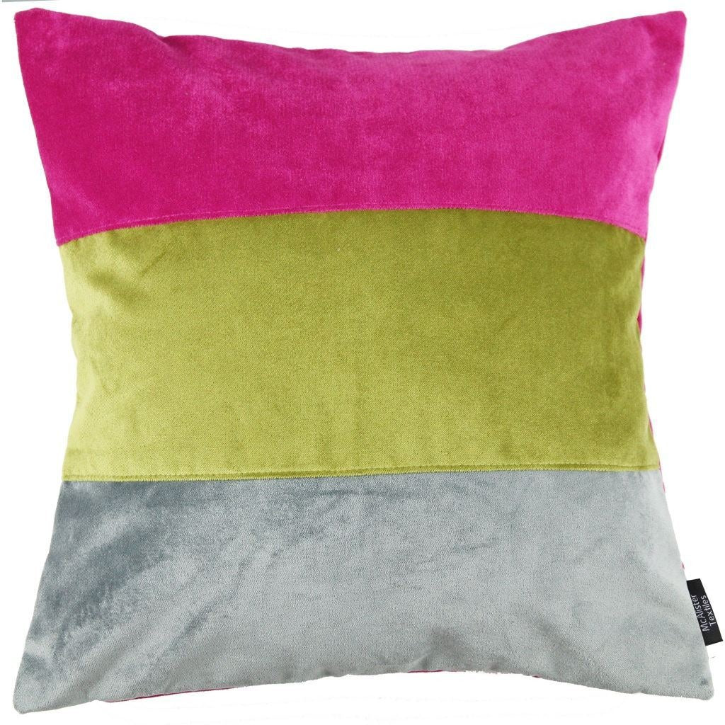 McAlister Textiles Straight Patchwork Velvet Pink, Green + Grey Cushion Cushions and Covers Cover Only 43cm x 43cm 