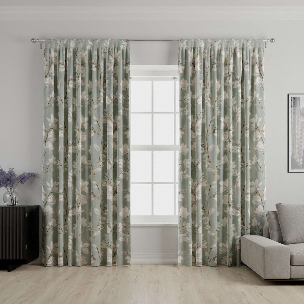 McAlister Textiles Magnolia Duck Egg Floral Cotton Print Curtains Tailored Curtains 