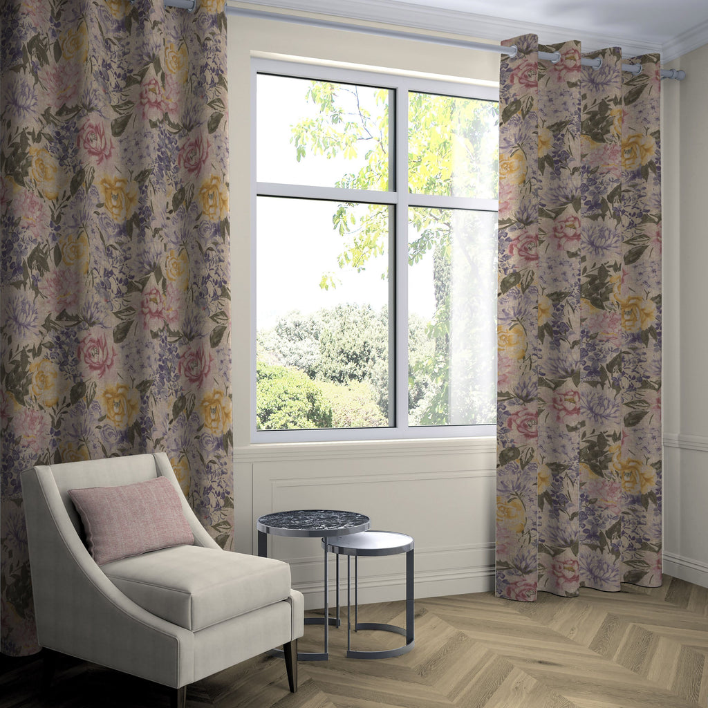 McAlister Textiles Blooma Purple, Pink and Ochre Floral Curtains Tailored Curtains 